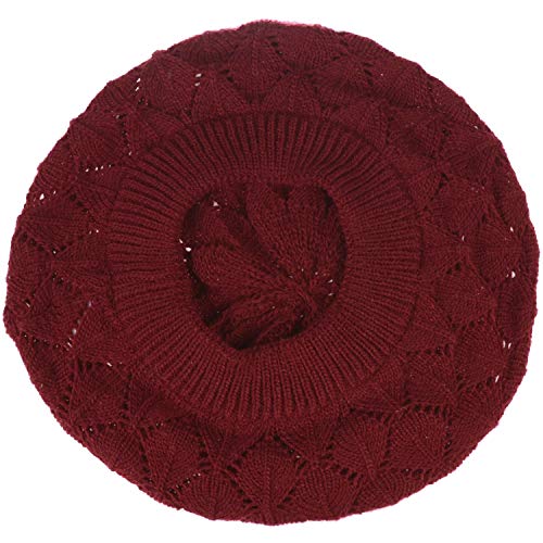 BYOS Chic Parisian Style Soft Lightweight Crochet Cutout Knit Beret Beanie Hat - color: 2-pack Leafy Red Wine & Black