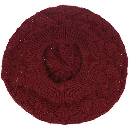 BYOS Chic Parisian Style Soft Lightweight Crochet Cutout Knit Beret Beanie Hat - color: 2-pack Leafy Red Wine & Black