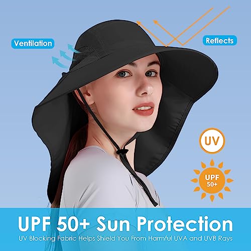 Womens Sun Hat UV Protection, Foldable Waterproof Wide Brim Bucket Hats with Neck Flap for Summer Beach Fishing Hiking - color: Black