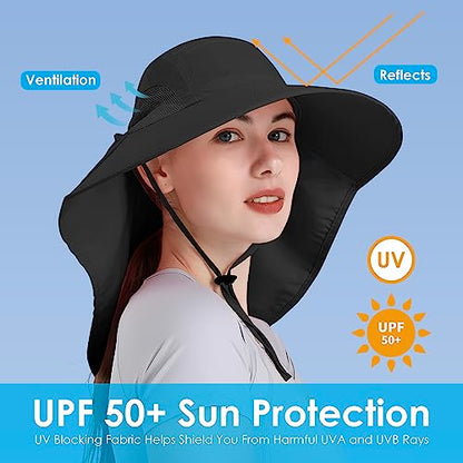 Womens Sun Hat UV Protection, Foldable Waterproof Wide Brim Bucket Hats with Neck Flap for Summer Beach Fishing Hiking - color: Black