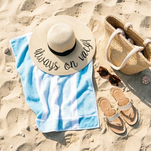 DRESHOW Big Straw Sun Hats for Women Floppy Foldable Roll up Beach Cap Sun Hat UPF 50+ Vacation Honeymoon Embroidered Hat - color: Ae Always on Vacay: Beige