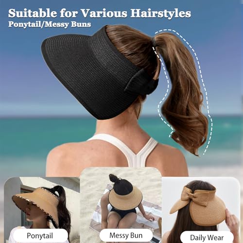 Women's Sun Visor Hats Wide Brim Straw Beach Hat Ponytail Hats for Women Foldable Floppy - color: 1pack-black-diyblack