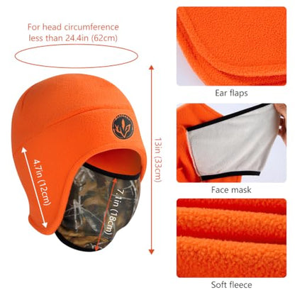 BASSDASH Unisex Soft Fleece 2-in-1 Hat with Mask Ear Flap - color: Orange & Autumn Forest