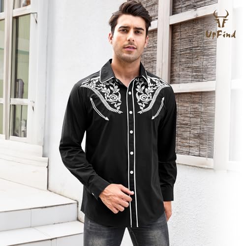 Western Shirts for Men Cowboy Shirts Long Sleeve Embroidered Country Shirt Slim Fit Button Down Shirt Casual Work - color: Black, size: X-Large