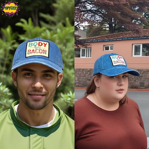 Popfizzy Funny Hats for Men and Women, Fun Adult Baseball Cap, Funny Birthday Gifts for Women and Men, Cool Dad Hat Gift Idea - color: Body By Bacon (Blue)