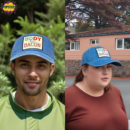 Popfizzy Funny Hats for Men and Women, Fun Adult Baseball Cap, Funny Birthday Gifts for Women and Men, Cool Dad Hat Gift Idea - color: Body By Bacon (Blue)