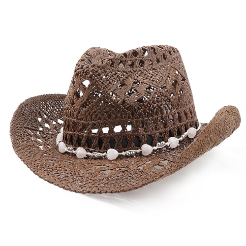 AQOKKA Straw Cowboy Hats for Women Men Western Cowgirl Hats with Shapeable Brim Woven Hollow Out Unisex Beach Roll Up Caps - color: Cowboy Hat : Coffee