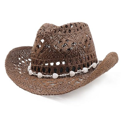 AQOKKA Straw Cowboy Hats for Women Men Western Cowgirl Hats with Shapeable Brim Woven Hollow Out Unisex Beach Roll Up Caps - color: Cowboy Hat : Coffee