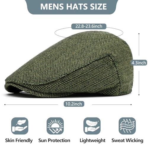 meioro Herringbone Flat Ivy Newsboy Cap for Men Classic Tweed Newsboy Hat Wool Blend Flat Cap Gatsby Cabbie Hats Ivy Caps - color: Green