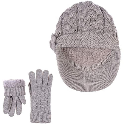 Womens Winter Elegant Cable Flower Knitted Newsboy Cabbie Cap Beret Beanie Hat with Visor, Warm Plush Fleece Lined - color: Dk. Beige Cable Flower-hat Gloves Set