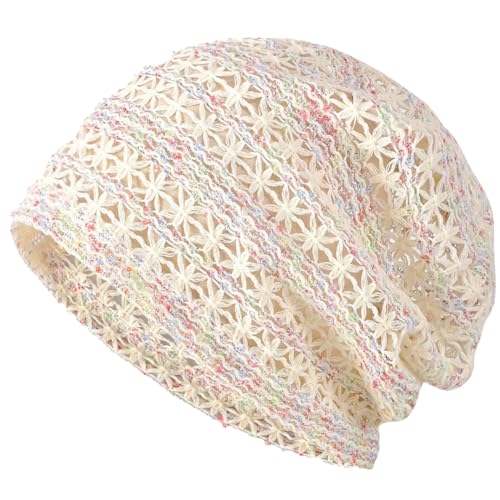 XYIYI Womens Chemo Headwear Hats Cotton Slouchy Beanie Cap Scarf - color: 2pc Lace Mesh Black Beige
