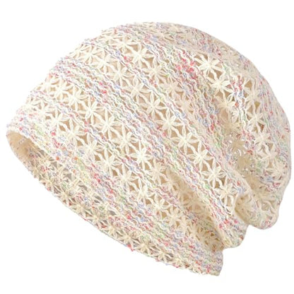XYIYI Womens Chemo Headwear Hats Cotton Slouchy Beanie Cap Scarf - color: 2pc Lace Mesh Black Beige