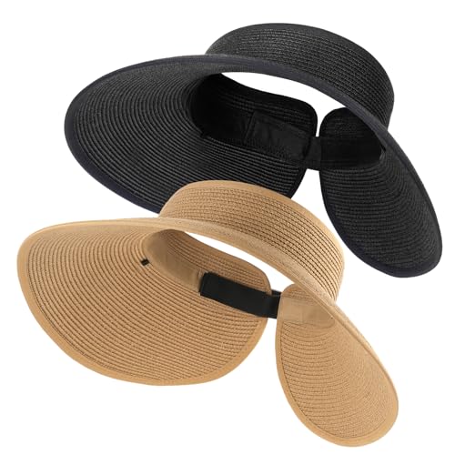 FURTALK Sun Hats for Women Wide Brim Ponytail Straw Visor Foldable Beach - color: Khaki+black