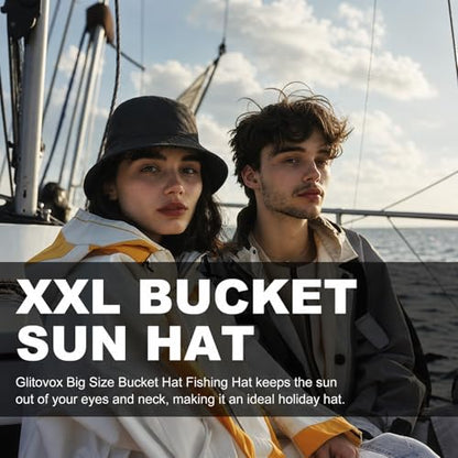 Oversize XXL Bucket Hat, Reversible Cotton Fisherman Hats, Unisex Double Side Wear Bucket Sun Hats with Chin Strap - color: Black-black, size: X-Large