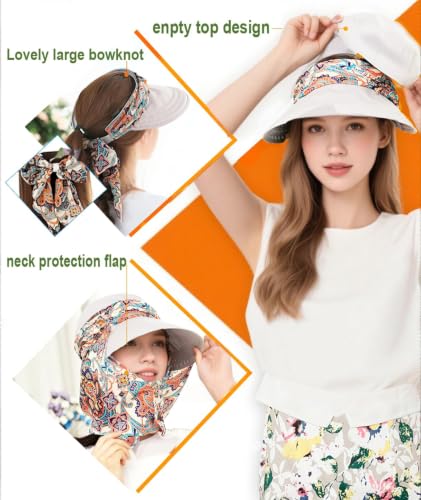 Women Wide Brim Sun Hat Multifunctional Beach Hat Foldable Sun Visor with Removable Neck Flap Bowknot - color: Beige