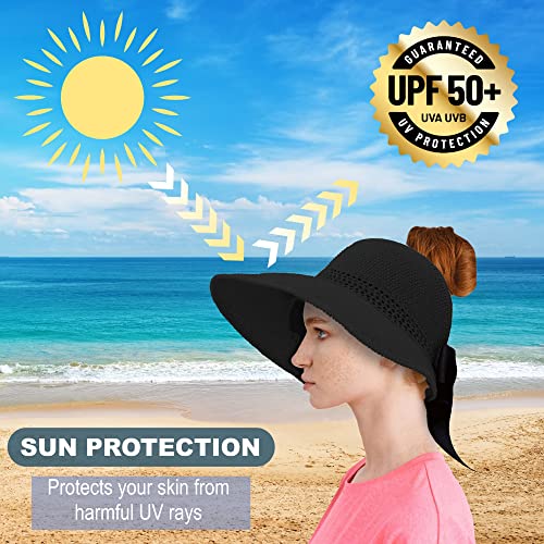 Straw Sun Visor for Women, Wide Brim UPF 50+ Protection Beach Hat, Adjustable, Roll Up Foldable Ponytail Cap with Chin Strap - color: A Black