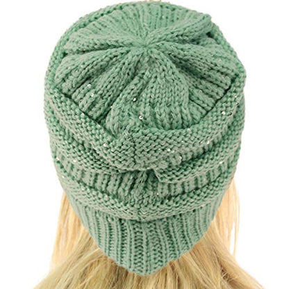 CC Classic Winter Fall Trendy Chunky Stretchy Cable Knit Beanie Hat - color: Sequins Mint