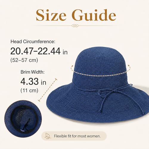 Beach Sun Hats for Women Foldable Straw Bucket Summer Hat Packable Travel - color: Navy Blue