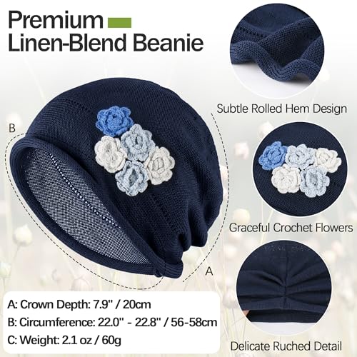 Ababalaya Breathable Cotton Linen Slouchy Beanie Hat for Women - color: Navy Blue