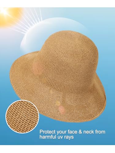 Womens Sun Hat Handmade Foldable Straw Bucket Hat Summer Crochet Travel Cap - color: Khaki, size: Small