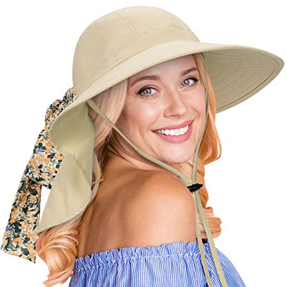 Tirrina Women's Sun Hat Wide Brim, UV Protection Sun Hats for Women - color: Tan W/ Floral Ribbon