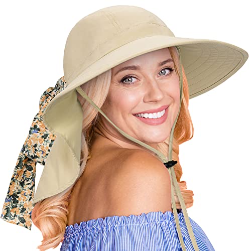Tirrina Women's Sun Hat Wide Brim, UV Protection Sun Hats for Women - color: Tan W/ Floral Ribbon