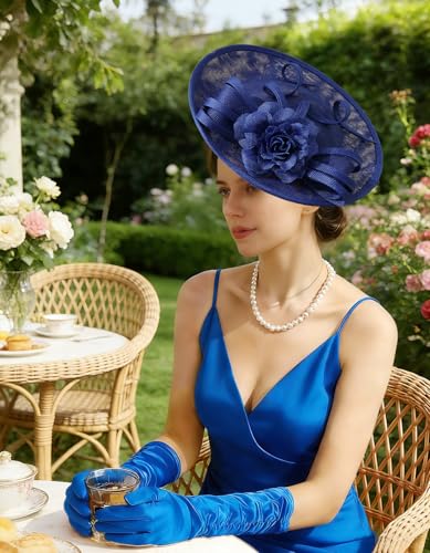 Unpifolov Fascinators Hats Elegant Women Flower Mesh Feathers Wedding Cocktail Bride Headband for Derby Hat Tea Party - color: Royal Blue