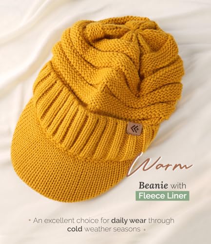 Women Men Winter Beanie Hat with Visor, Warm Fleece Lined Beanie Cap, Thick Knit Cap Slouchy Hat with Brim - color: Mustard