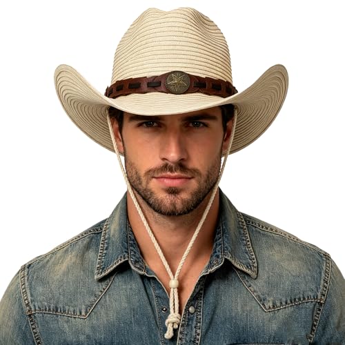 Unisex Straw Cowboy Hat Wide Brim Western Sun Hat Adjustable Beach Cowgirl Hat for Summer Outdoor Sun Protection - color: Beige,leather Hat Strap