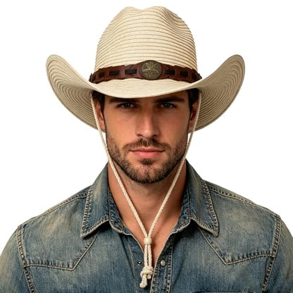Unisex Straw Cowboy Hat Wide Brim Western Sun Hat Adjustable Beach Cowgirl Hat for Summer Outdoor Sun Protection - color: Beige,leather Hat Strap