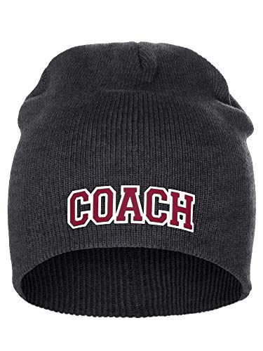 I&W Sports Team Coach Arch Letters Winter Knit Cuffless Beanie 3D Raised Layers - color: Charcoal Beanie White Red