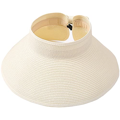 Womens Foldable Straw Sun Visor, Packable Roll‑Up Beach Hat with Wide Brim - color: Off-white