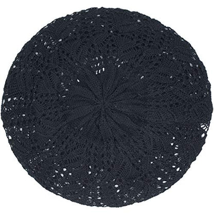 an Womens Lightweight Cut Out Knit Beanie Beret Cap Crochet Hat - Many Styles - color: Black Leaf