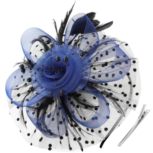DRESHOW Fascinators Hat Flower Mesh Ribbons Feathers on a Headband and a Clip Tea Party Headwear for Girls and Women - color: 7" Diameter / Black & Blue