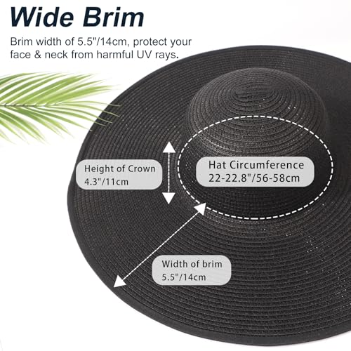 DRESHOW Big Straw Sun Hats for Women Floppy Foldable Roll up Beach Cap Sun Hat UPF 50+ Vacation Honeymoon Embroidered Hat - color: Medium Size: Black / Brim 5.5" (Head Circumference 22-22.8")