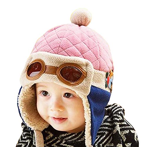 Toddlers Baby Girls and Boys Crochet Earflap Pilot Hats Beanie Cap Winter Warm Knit Caps Ear Protection Cap - color: Hat1-pink
