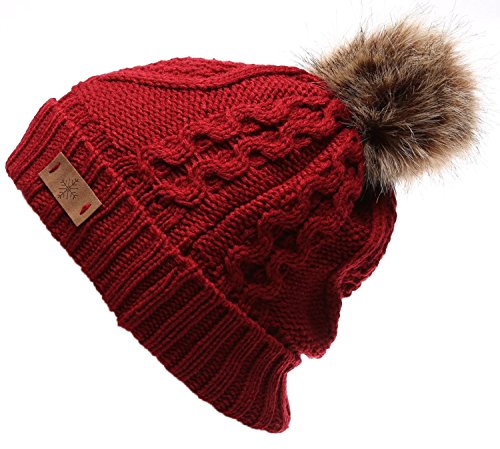 Women's Winter Fleece Lined Cable Knitted Pom Pom Beanie Hat - color: Red