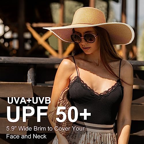 AQOKKA Beach Hats for Women Men Big Straw Wide Brim Summer Hat Floppy Foldable Roll up Cap for Beach Outdoor UPF 50+ - color: 1 Pack: String Tie Khaki