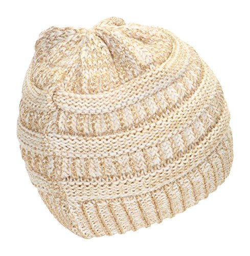 Gravity Threads Knit Soft Stretch Beanie Cap - color: Gold/Ivory