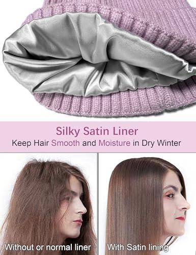 Satin Lined Wool Acrylic Blend Beanie Hat Women Men, Winter Knit Cap - color: Pinky Purple