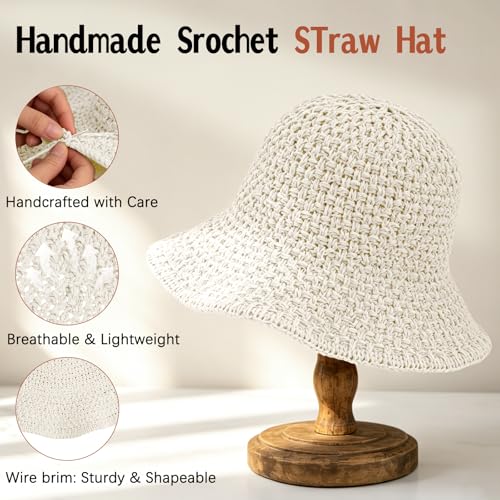 Sun Hat for Women Summer Straw Beach Hats Bucket Hat Floppy Crochet Hat - color: White