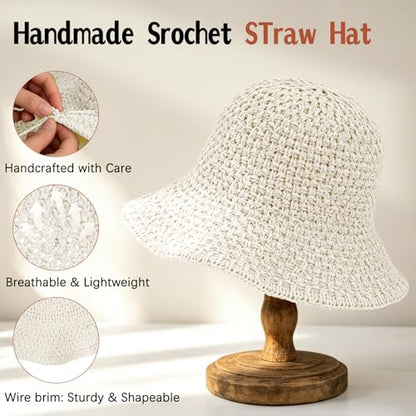 Sun Hat for Women Summer Straw Beach Hats Bucket Hat Floppy Crochet Hat - color: White