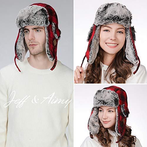 Jeff & Aimy Stylish Plaid Winter Wool Trapper Faux Fur Earflap Hunting Hat Ushanka Russian Cold Weather Thick Lined 55-61CM - color: Red, size: Large