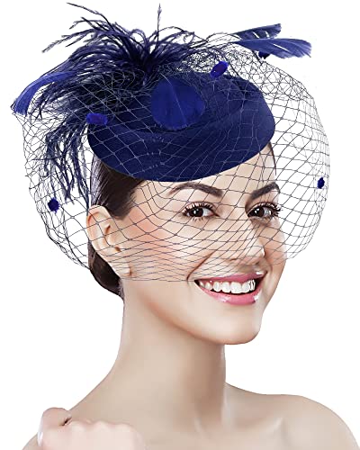 Navy Pillbox Hat 20s 50s Vintage Fascinators for Women with Feather Mesh Veil Headband Bridal Wedding Tea Party