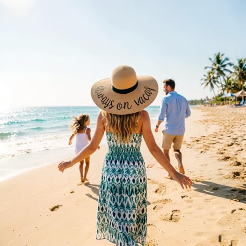 DRESHOW Big Straw Sun Hats for Women Floppy Foldable Roll up Beach Cap Sun Hat UPF 50+ Vacation Honeymoon Embroidered Hat - color: Ae Always on Vacay: Khakiv