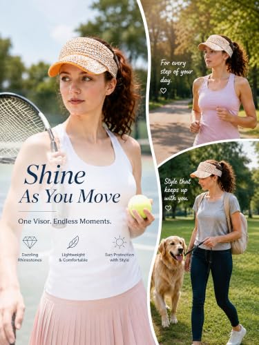 Women Shiny Rhinestone Bling Sun Visor Adjustable Tennis Beach Ponytail Hat - color: Yellow Hat+white Rhinestone