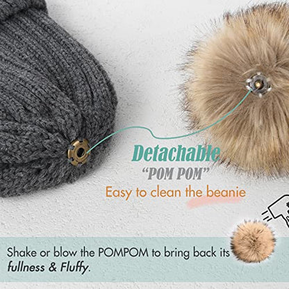 FURTALK Womens Winter Beanie Hat Satin Lined Faux Fur Pom Pom Beanies Hat for Women Winter Warm Knit Hats - color: Dark Grey