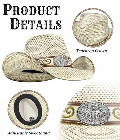 FLUFFY SENSE. Cowboy Hats for Women and Men - Distressed Straw Western Hat with Shapeable Brim for Cowboys and Cowgirls - color: Distressed Cream White
