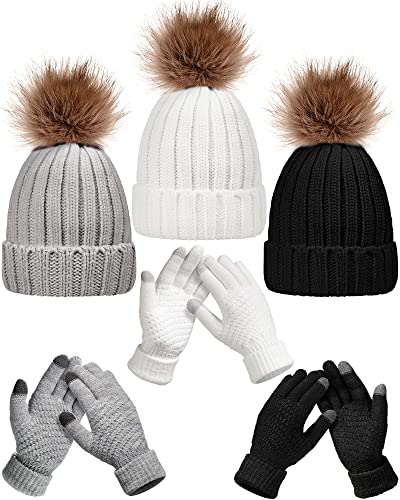 Haysandy 6 Pcs Winter Beanie Hat Gloves Set for Women Warm Knitted Hat Skull Cap with Pom Pom and Touchscreen Glove for Women - color: Black, White, Grey