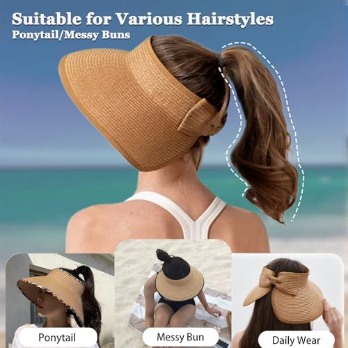 Women's Sun Visor Hats Wide Brim Straw Beach Hat Ponytail Hats for Women Foldable Floppy - color: 1pack-khaki Diy Black